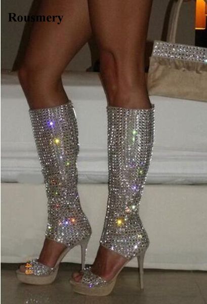 new design bling bling open toe rhinestone high platform gladiator boots cut-out knee high crystal heel boots dress shoes, Black
new design bling bling open toe rhinestone high platform gladiator boots cut-out knee high crystal heel boots dress shoes, Black