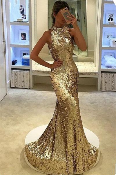 2018 New Long Gold Sequined Prom Dresses Halter Mermaid Evening Dress Backless vestido de festa Custom Size Formal Gowns
2018 New Long Gold Sequined Prom Dresses Halter Mermaid Evening Dress Backless vestido de festa Custom Size Formal Gowns