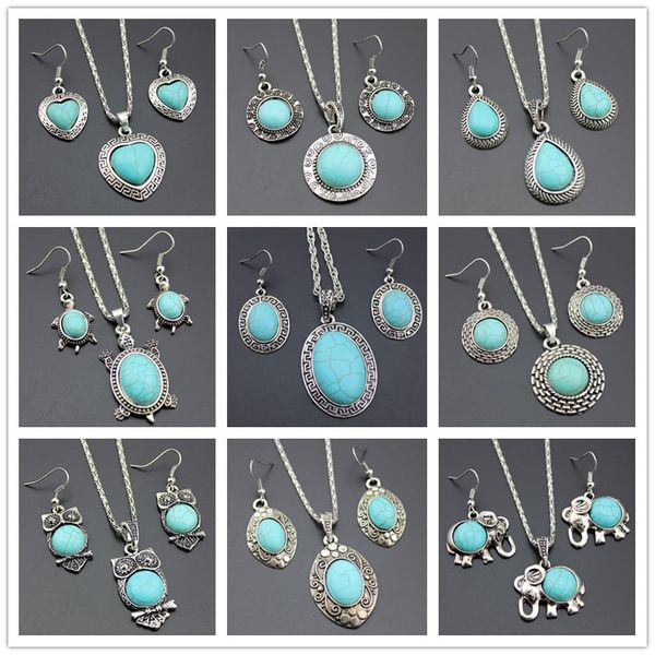 10pcs/lot jewelry set temperament flower shaped turquoise earrings necklace two piece accessories gifts, Silver
10pcs/lot jewelry set temperament flower shaped turquoise earrings necklace two piece accessories gifts, Silver