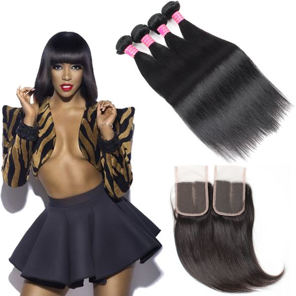 wholesale 8a brazilian straight hair 4 bundles with closure middle/three part 4*4 lace closure with baby hair swiss lace closure, Black