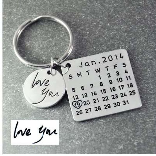 

fathers day sale,personalized calendar keychain,signature calendar key chain hand stamped calendar, date highlighted with heart, Silver