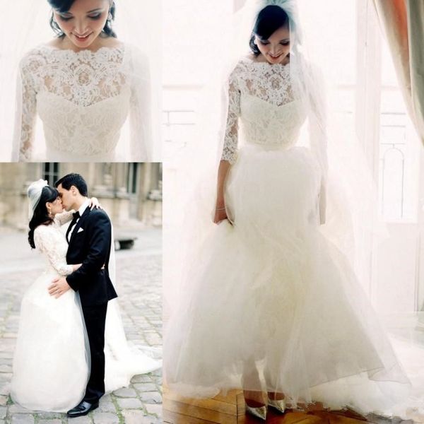 3/4 lace sleeve wedding dress boat neck lace fancy skirt a line romantic 2019 simple design new bridal gowns custom made, White
3/4 lace sleeve wedding dress boat neck lace fancy skirt a line romantic 2019 simple design new bridal gowns custom made, White