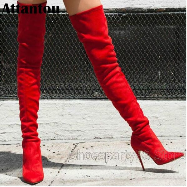 

fashion designer bright red slim fit winter over the knee thin high heel boots women stiletto stretch thight high gladiator boot, Black