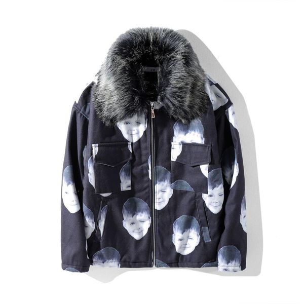 hip hop fur turn down collar printing pattern thickening cotton-padded parka men clothes 2018 winter tide loose coat male s, Black
hip hop fur turn down collar printing pattern thickening cotton-padded parka men clothes 2018 winter tide loose coat male s, Black