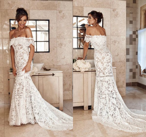 lace mermaid wedding dresses off the shoulder sweep train back gorgeous country bridal dress bohemian plus size beach wedding gowns, White
lace mermaid wedding dresses off the shoulder sweep train back gorgeous country bridal dress bohemian plus size beach wedding gowns, White