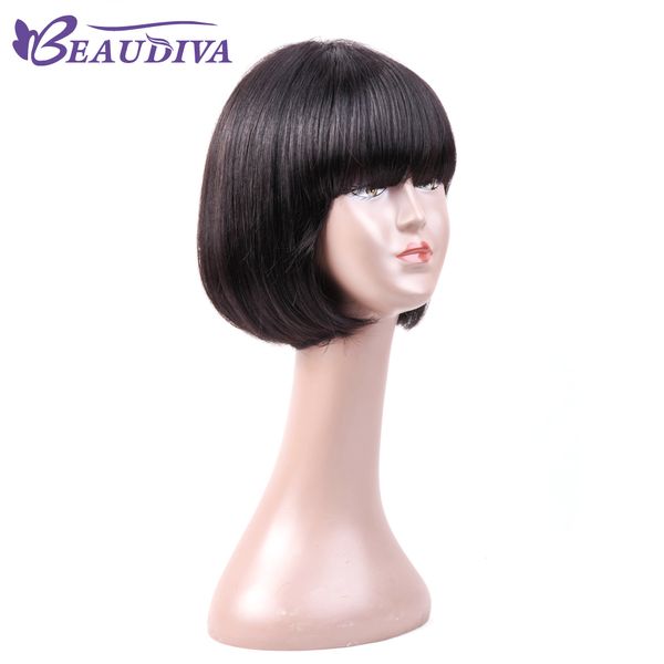 

beaudiva bob wig with bangs pre plucked natural hairline brazilian straight short human hair wigs for black women, Black;brown