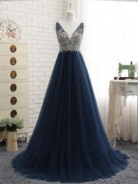 beading v neck tulle long evening dresses navy blue floor length prom dress backless party dresses elegant, Black;red
beading v neck tulle long evening dresses navy blue floor length prom dress backless party dresses elegant, Black;red
