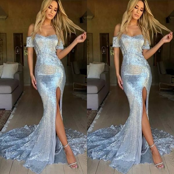 shinning sequined prom dresses short sleeves off the shoulder mermaid evening gowns side split count train cocktail party dress, Black
shinning sequined prom dresses short sleeves off the shoulder mermaid evening gowns side split count train cocktail party dress, Black