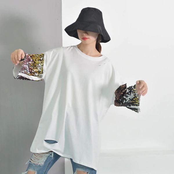 Autumn Summer Cotton Fashion New Black White Long T Shirt Loose Korean Sequins Sleeve Stitch Hole Tops Woman T-Shirt Female
Autumn Summer Cotton Fashion New Black White Long T Shirt Loose Korean Sequins Sleeve Stitch Hole Tops Woman T-Shirt Female