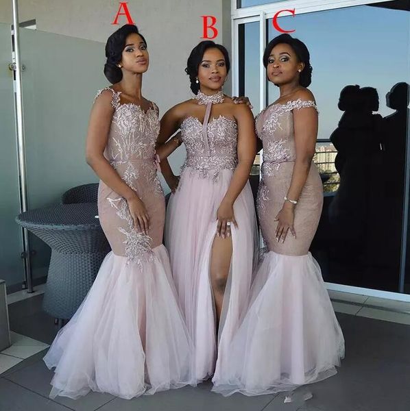 

african mermaid bridesmaid dresses long mixed style appliques off shoulder wedding guest wear split side maid of honor gowns prom 293m, White;pink