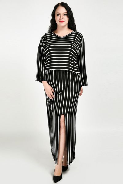 european style plus size striped two piece dress loose v neck fat women suit midi skirt office ladies, White
european style plus size striped two piece dress loose v neck fat women suit midi skirt office ladies, White