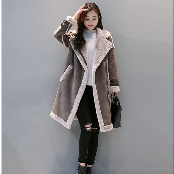 women autumn winter suede fabric long coat vintage solid warm faux fur zipper lambs coats turn-down collar thick loose outwear, Black
women autumn winter suede fabric long coat vintage solid warm faux fur zipper lambs coats turn-down collar thick loose outwear, Black