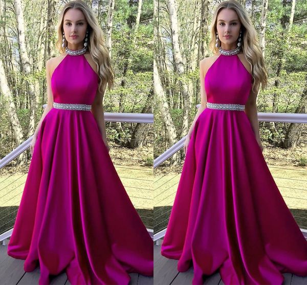2018 fuchsia satin prom dresses halter beading backless floor length red royal blue evening dresses long graduation homecoming party dresses, Black
2018 fuchsia satin prom dresses halter beading backless floor length red royal blue evening dresses long graduation homecoming party dresses, Black