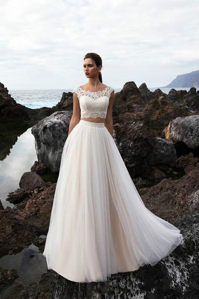 two pieces tulle a line summer beach wedding dresses bohemia lace floor length wedding bridal gowns with buttons dh4080, White
two pieces tulle a line summer beach wedding dresses bohemia lace floor length wedding bridal gowns with buttons dh4080, White