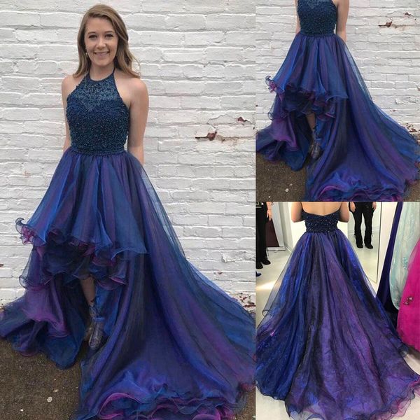 halter beaded high low popular charming long prom dresses purple layers orange evening gowns with beading belt, Black
halter beaded high low popular charming long prom dresses purple layers orange evening gowns with beading belt, Black