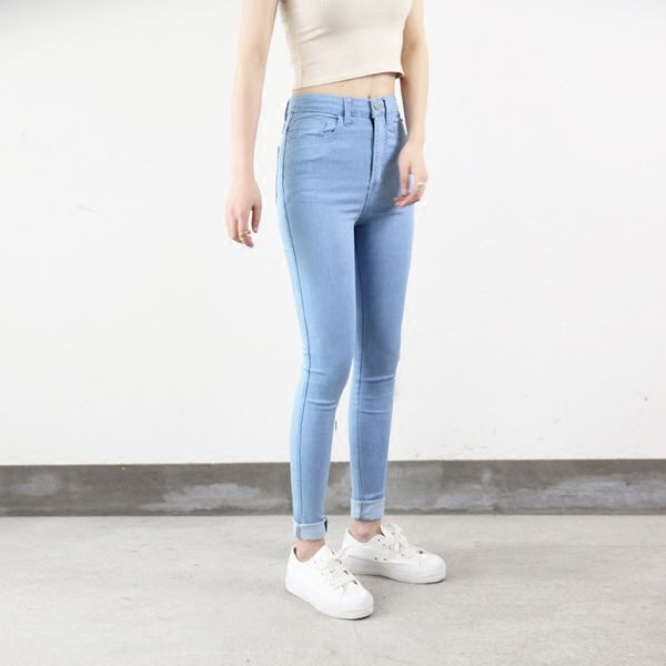 

стирка с высокой талией высокоэластичные джинсы женские горячие продажи в американском стиле узкие карандаш джинсовые брюки модные брюки vaq, Blue