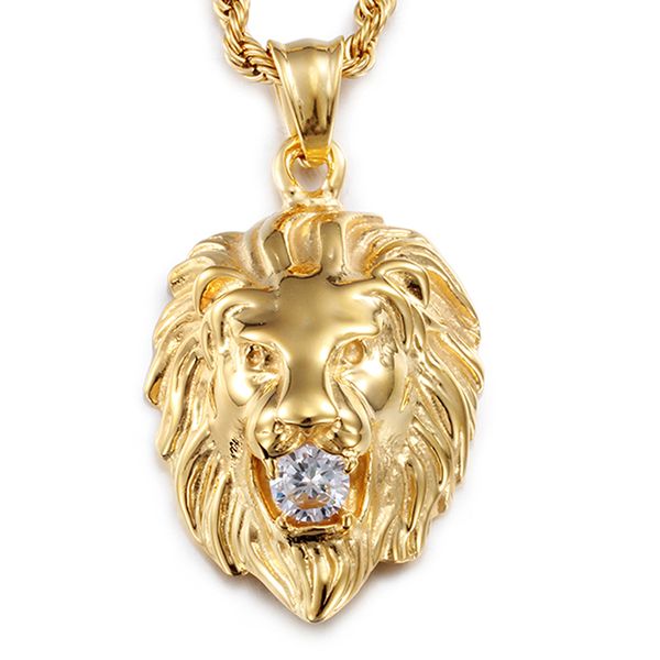 

mens gold silver color 316l stainless steel lion head pendant necklace rhinestone inlaid with link chain vichok
