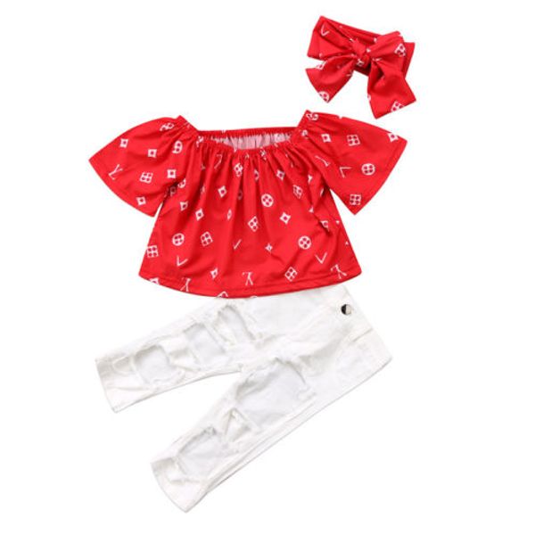 kids baby girl off shoulder t shirt +stretch pants 3pcs outfits set clothing size1-5t, White
kids baby girl off shoulder t shirt +stretch pants 3pcs outfits set clothing size1-5t, White
