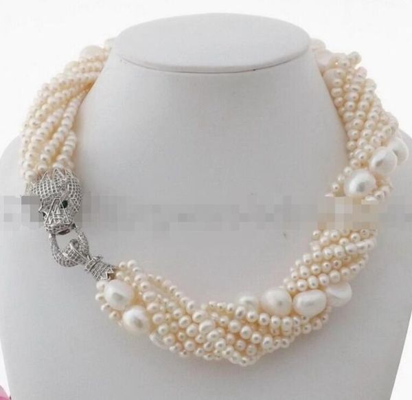 18" 9row white pearl necklace cz leopard clasp, Silver
18" 9row white pearl necklace cz leopard clasp, Silver