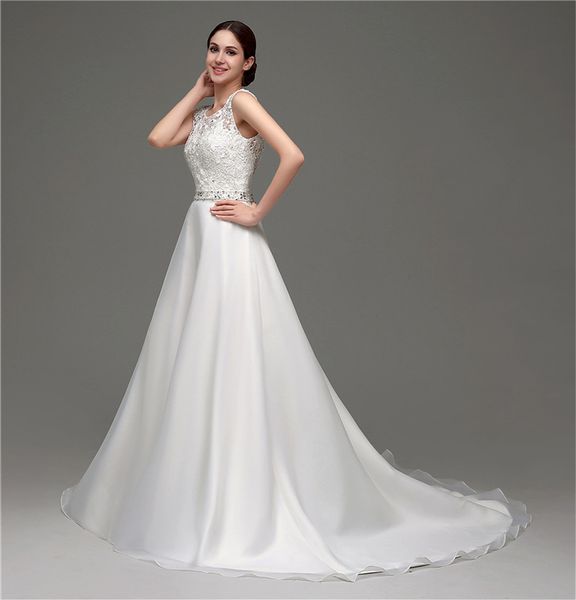 elegant ivory satin wedding dress scoop lace with sequins sash sweep train backless long bridal gowns, White
elegant ivory satin wedding dress scoop lace with sequins sash sweep train backless long bridal gowns, White