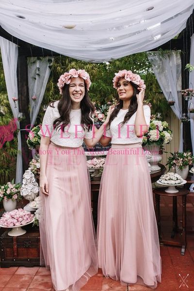 2019 two piece bridesmaid dresses short sleeve lace blush pink tulle maid of honor wedding guest gown wear custom made, White;pink
2019 two piece bridesmaid dresses short sleeve lace blush pink tulle maid of honor wedding guest gown wear custom made, White;pink