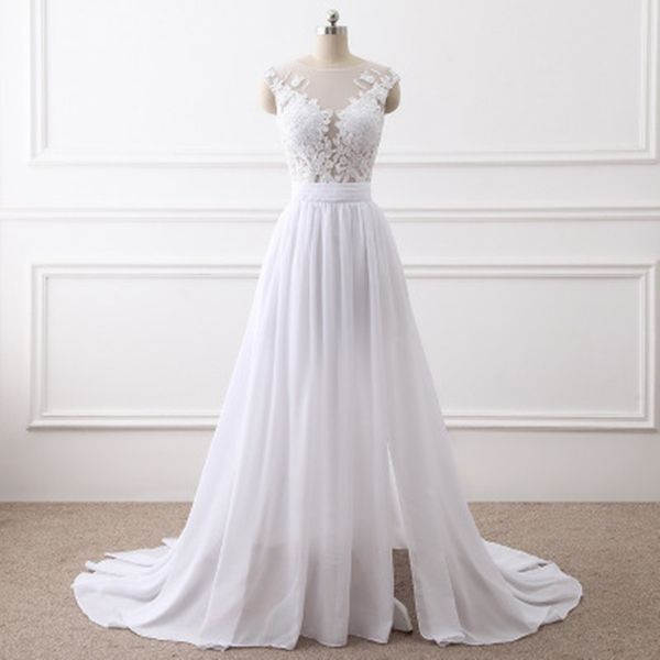 2018 fashion lace chiffon a-line wedding dresses with pleat button zipper bridal gowns vestido de novia ba08, White
2018 fashion lace chiffon a-line wedding dresses with pleat button zipper bridal gowns vestido de novia ba08, White