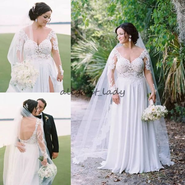 2018 lace plus size wedding dresses with sleeves sheer bateau neck a-line backless bohemian wedding dress split chiffon beach bridal gowns, White
2018 lace plus size wedding dresses with sleeves sheer bateau neck a-line backless bohemian wedding dress split chiffon beach bridal gowns, White