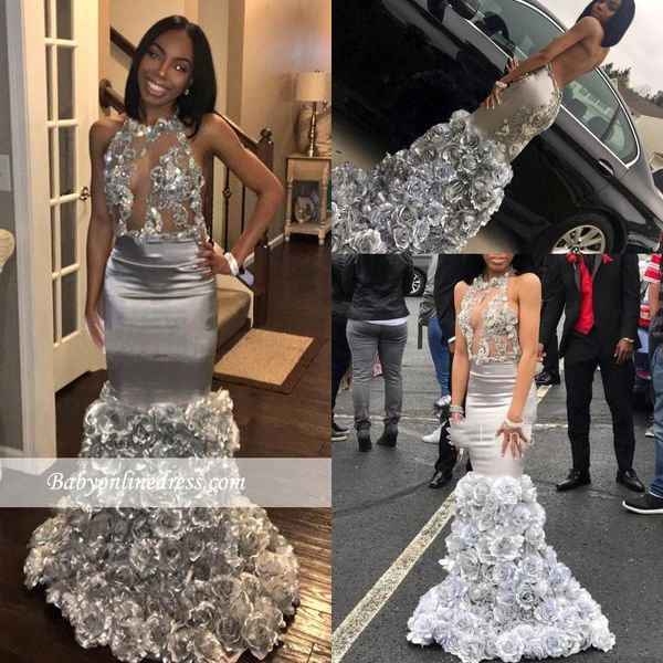 2018 silver mermaid halter rose flowers prom dresses african see-through backless appliqued prom evening dresses formal party wear, Black
2018 silver mermaid halter rose flowers prom dresses african see-through backless appliqued prom evening dresses formal party wear, Black