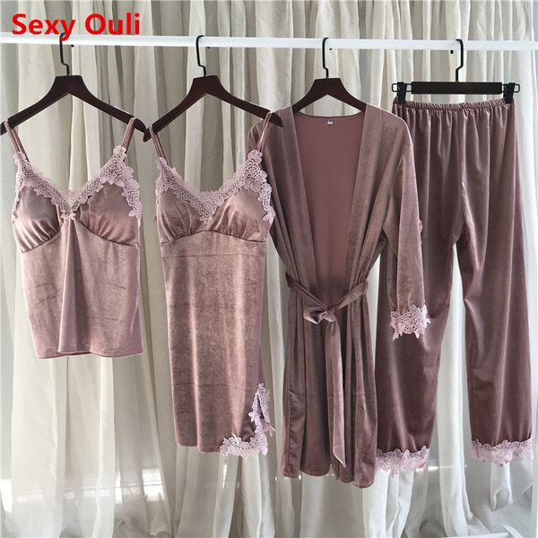 autumn winter pajamas women long sleeve gold velvet pajama set 4 pieces pijamas suit sleep clothes home clothing, Black;red
autumn winter pajamas women long sleeve gold velvet pajama set 4 pieces pijamas suit sleep clothes home clothing, Black;red