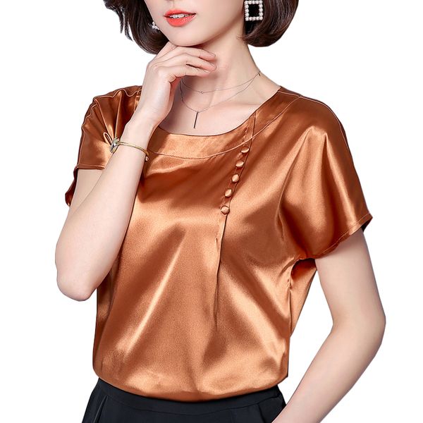 

elegant ladies blouse office work satin silk brief solid color women plus size o neck short sleeve buttons loose blusas, White