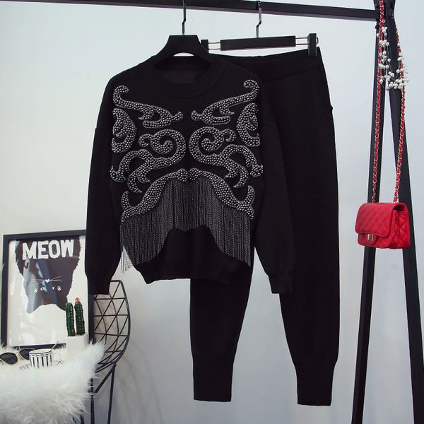 2018 new autumn and winter women's beads tassels long sleeve knitted sweaters + casual long pants two piece female pants suit, Gray
2018 new autumn and winter women's beads tassels long sleeve knitted sweaters + casual long pants two piece female pants suit, Gray