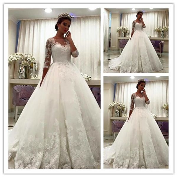 Bateau Half Sleeve Lace Ball Gown Wedding Dresses Bridal Dresses Appliques Chapel Train Wedding Dresses 2018 Sheer Long Sleeves Wedding Gown
Bateau Half Sleeve Lace Ball Gown Wedding Dresses Bridal Dresses Appliques Chapel Train Wedding Dresses 2018 Sheer Long Sleeves Wedding Gown