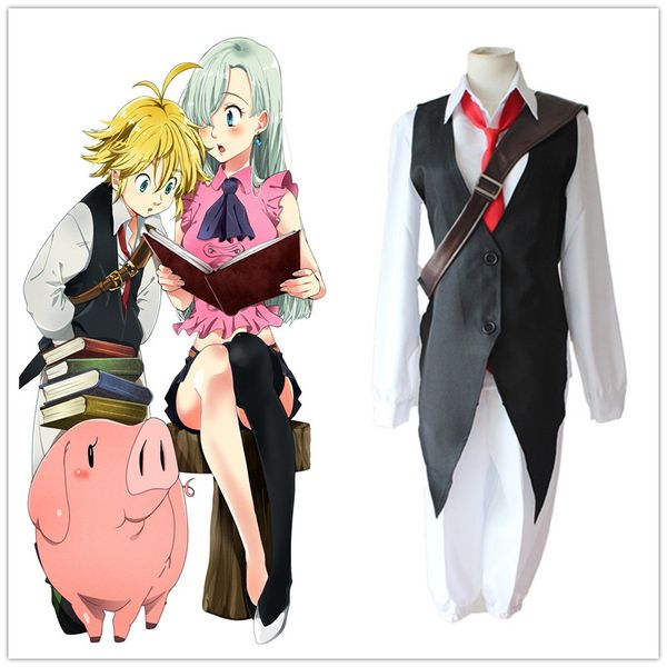 

anime the seven deadly sins cosplay costume meliodas dragon's sin of wrath shirt+vest+pants+tie full set uniforms, Black