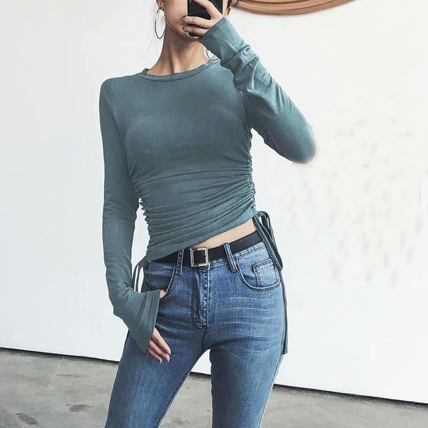 2018 autumn long sleeve o-neck regular lace up slim ladies solid color outwear clothing tee, White
2018 autumn long sleeve o-neck regular lace up slim ladies solid color outwear clothing tee, White