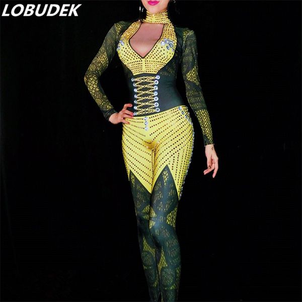 

occident dj female singer ds costume yellow rhinestones jumpsuit stretch leotard crystal rompers dancer jazz stage outfit, Black;white