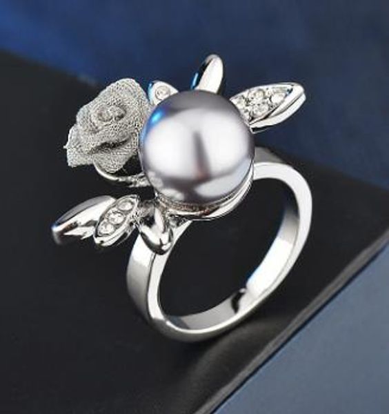 jewelry wholesale fashion diamond pearl rose ring, Silver