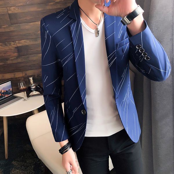 

men's blazer new slim fashion stripe print temperate social business casual men's dress jacket british wind groom dress, White;black