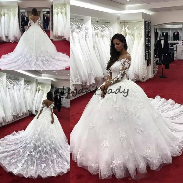 elegant lace wedding dresses with sheer neckline illusion long sleeves wedding gowns appliques count train open back bridal dress, White
elegant lace wedding dresses with sheer neckline illusion long sleeves wedding gowns appliques count train open back bridal dress, White