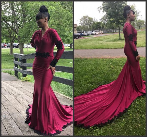 2019 new v neck prom dresses burgundy mermaid long sleeves evening gowns with black lace appliques open back women formal wear, Black;red
2019 new v neck prom dresses burgundy mermaid long sleeves evening gowns with black lace appliques open back women formal wear, Black;red