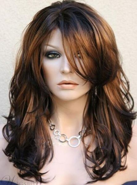 long layered wavy side swept fringes hairstyle synthetic womens wigs 20 inches, Black;brown
long layered wavy side swept fringes hairstyle synthetic womens wigs 20 inches, Black;brown