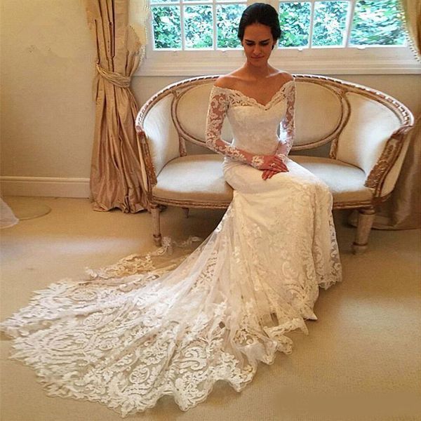 2020 new gorgeous long sleeve lace mermaid wedding dresses dubai african style petite natural slin fishtail off-shoulder train bridal gowns, White
2020 new gorgeous long sleeve lace mermaid wedding dresses dubai african style petite natural slin fishtail off-shoulder train bridal gowns, White
