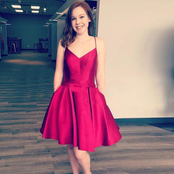 red satin short homecoming dresses spaghetti straps backless prom dress simple cocktail party gowns, Blue;pink
red satin short homecoming dresses spaghetti straps backless prom dress simple cocktail party gowns, Blue;pink