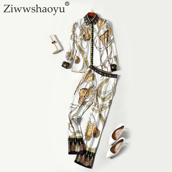 ziwwshaoyu autumn designer twinset women's full sleeve luxury baroque gold printed blouse with pant suit, Gray
ziwwshaoyu autumn designer twinset women's full sleeve luxury baroque gold printed blouse with pant suit, Gray