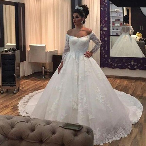 modest wedding dresses off the shoulder with illusion long sleeves lace appliques tulle bridal gowns with court train high quality, White
modest wedding dresses off the shoulder with illusion long sleeves lace appliques tulle bridal gowns with court train high quality, White