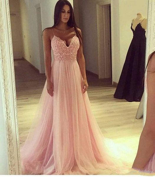 Sexy 2019 Pink Prom Dresses Backless Tulle Spaghetti Strap Lace Applique Empire Formal Evening Party Gowns vestidos de fiesta Custom
Sexy 2019 Pink Prom Dresses Backless Tulle Spaghetti Strap Lace Applique Empire Formal Evening Party Gowns vestidos de fiesta Custom