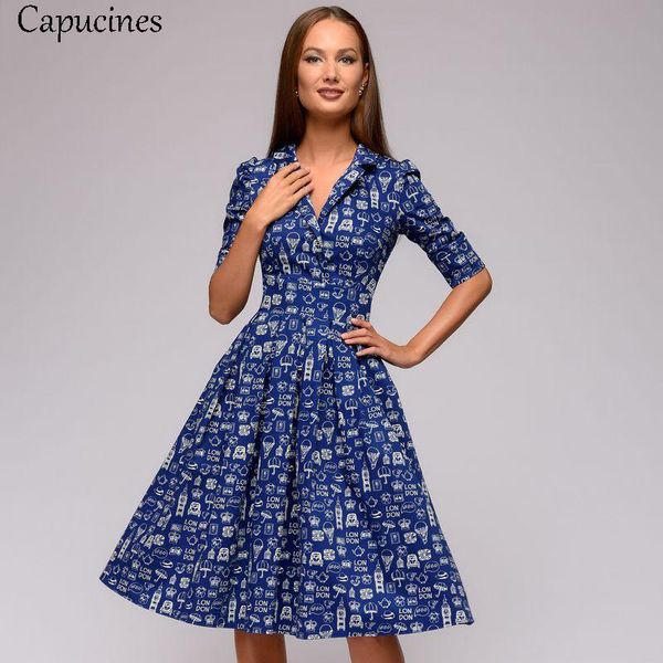 capucines women blue printing autumn dress 2018 vintage elegent half sleeve turn-down collar casual a-line party dresses, White;black 
capucines women blue printing autumn dress 2018 vintage elegent half sleeve turn-down collar casual a-line party dresses, White;black