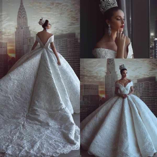 2018 gorgeous ball gown plus size wedding dresses off the shoulder beaded crystal full lace court train bridal gowns, White
2018 gorgeous ball gown plus size wedding dresses off the shoulder beaded crystal full lace court train bridal gowns, White