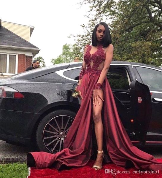 burgundy 2018 long prom dresses black girls sheer neck long sleeves applique high side split formal dresses evening vestidos de fiesta
burgundy 2018 long prom dresses black girls sheer neck long sleeves applique high side split formal dresses evening vestidos de fiesta