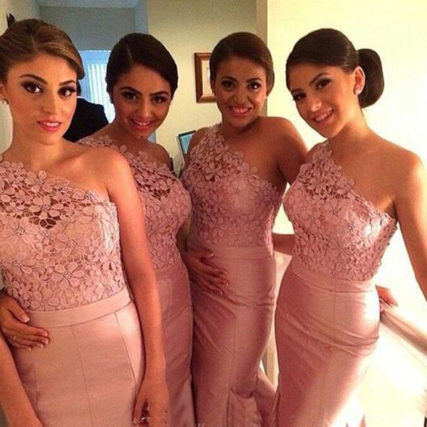appliques lace satin mermaid bridesmaid dresses one shoulder long prom dresses evening gowns, White;pink
appliques lace satin mermaid bridesmaid dresses one shoulder long prom dresses evening gowns, White;pink