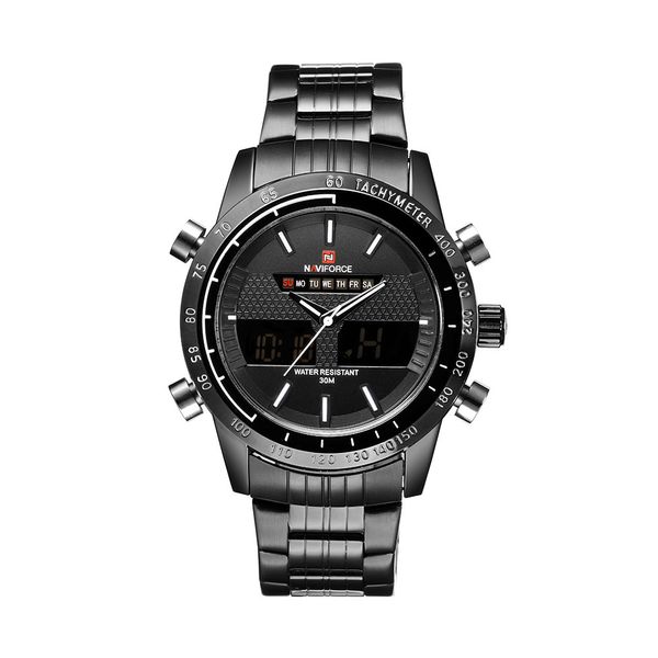 

naviforce nf9024 dual time quartz sports watch men stainless steel watches mens waterproof backlight alarm calendar wristwatch, Slivery;brown
